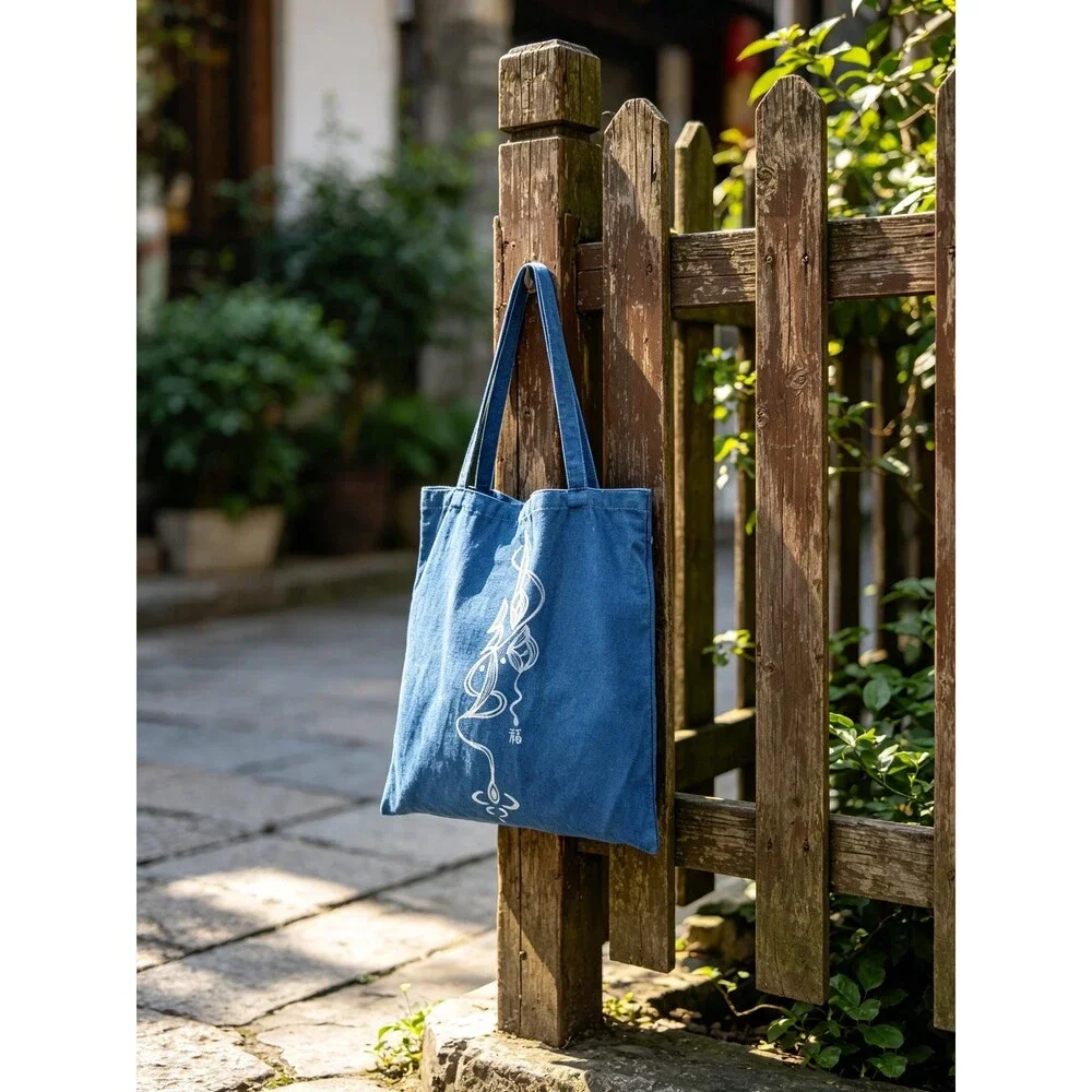 Nüshu Blessing Batik Tote Bag, Natural Indigo Hand Dyed Cotton Bag Chinese Folk